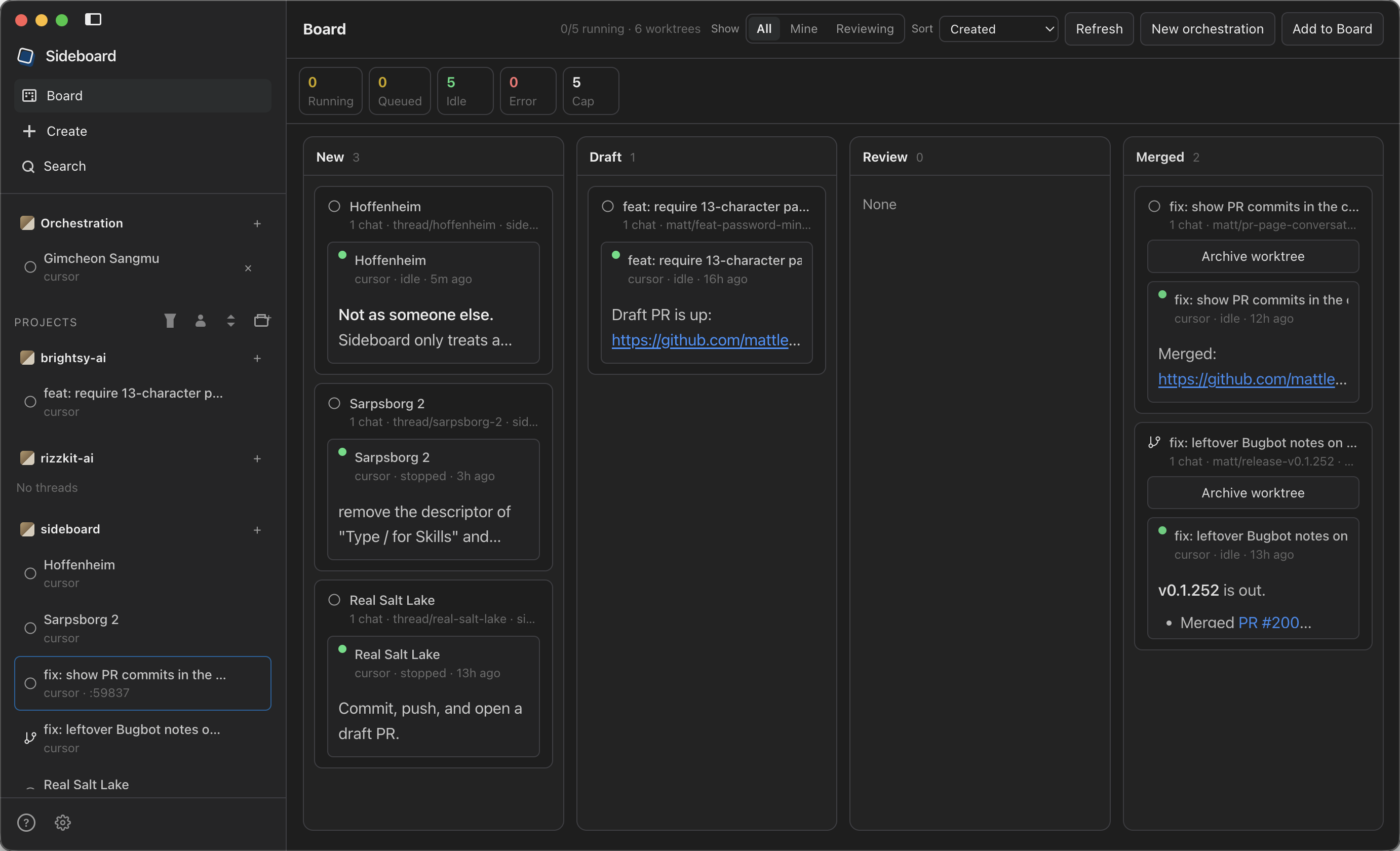 Sideboard desktop — the global board of worktrees across New, Draft, Review, and Merged