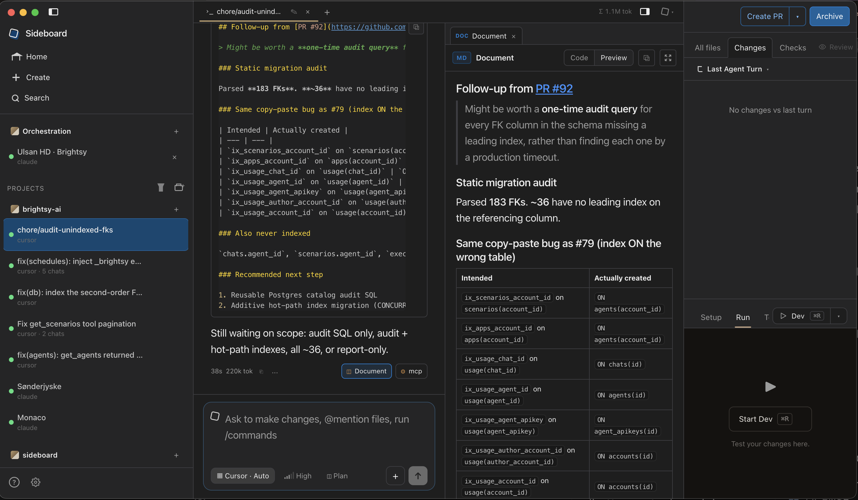Sideboard desktop — chat with a Document artifact preview, worktree changes, and the run panel